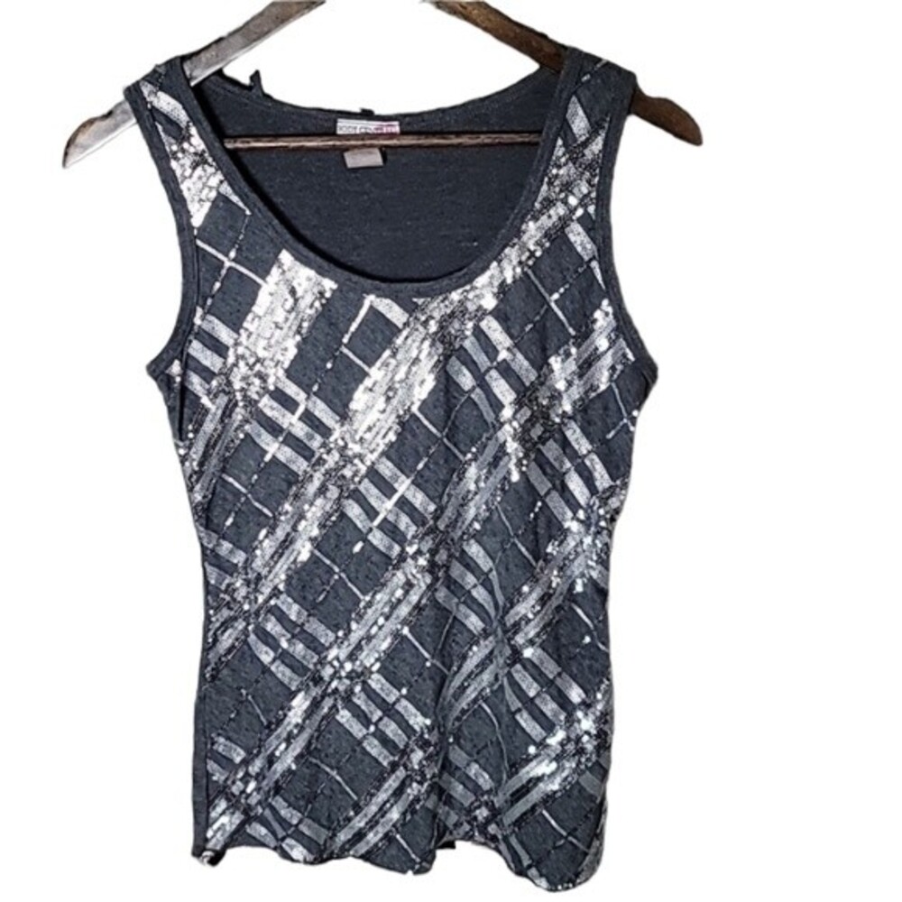 Body Central Womens Grey Silver Sequin  Stripes Tank Top Juniors Size Large